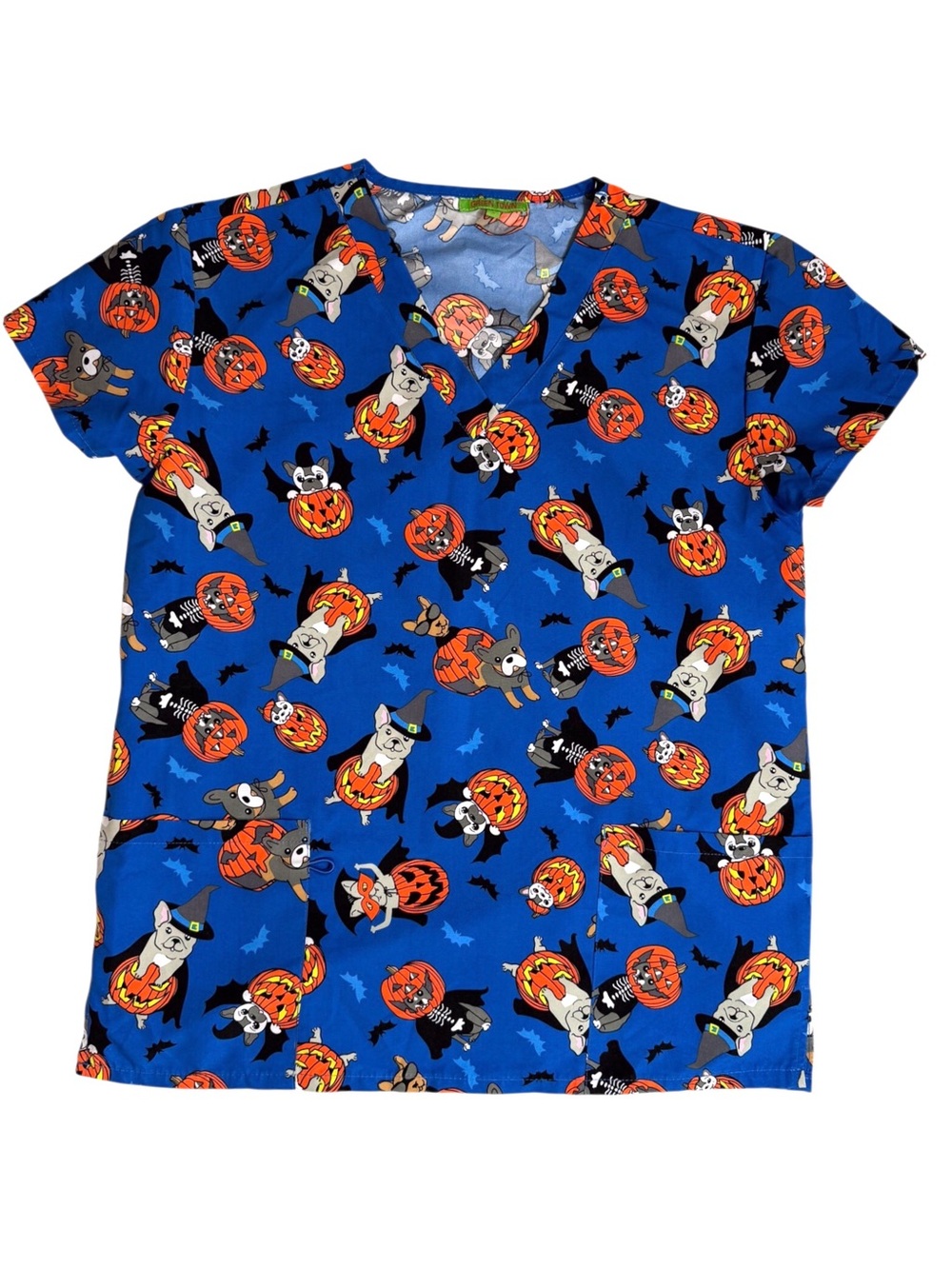 Halloween Print Dogs In Pumpkins Green Town Scrub Top Sz  Small W/pockets V Neck